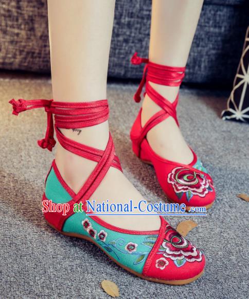 Asian Chinese Traditional Green Embroidered Peony Shoes Hanfu Wedding Shoes Ethnic National Cloth Shoes for Women