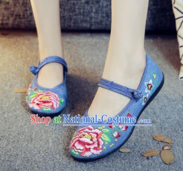 Asian Chinese Traditional Ethnic Blue Embroidered Shoes Hanfu Wedding Shoes National Cloth Shoes for Women