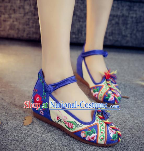 Asian Chinese Traditional Ethnic Dance Royalblue Embroidered Shoes Hanfu Wedding Shoes National Cloth Shoes for Women