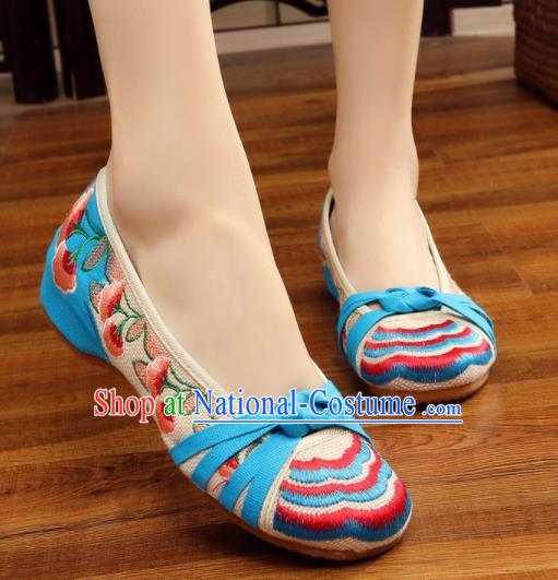 Asian Chinese Traditional Dance Embroidered Blue Shoes Hanfu Wedding Shoes National Cloth Shoes for Women