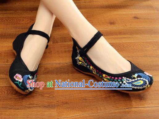 Asian Chinese Traditional Dance Embroidered Peacock Black Shoes Hanfu Wedding Shoes National Cloth Shoes for Women