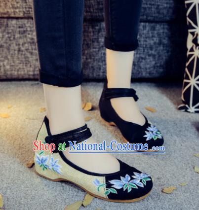 Asian Chinese Traditional Dance Black Embroidered Shoes Hanfu Wedding Shoes National Cloth Shoes for Women