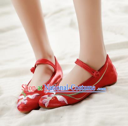 Asian Chinese Traditional Dance Embroidered Lotus Red Shoes Hanfu Wedding Shoes National Cloth Shoes for Women