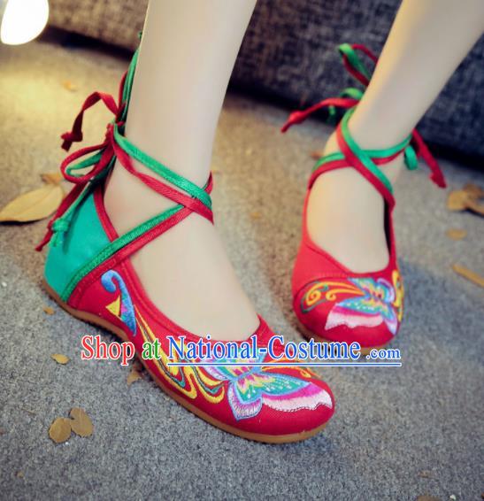 Asian Chinese Traditional Dance Embroidered Butterfly Red Shoes Hanfu Wedding Shoes National Cloth Shoes for Women