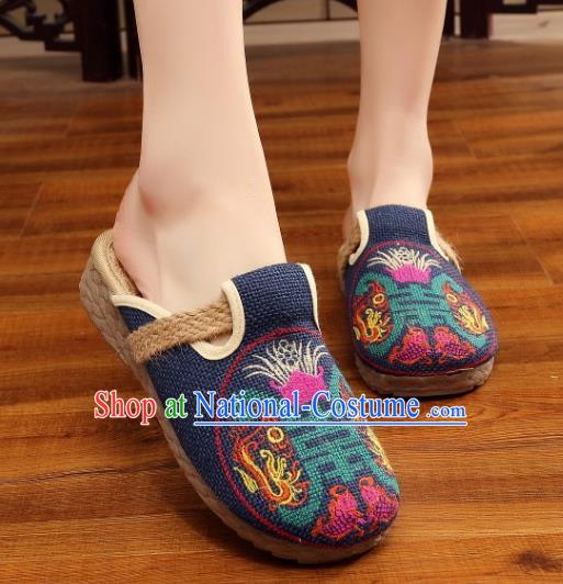 Asian Chinese Dance Navy Embroidered Shoes Traditional Hanfu Shoes National Cloth Shoes for Women