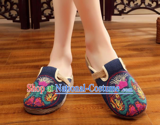 Asian Chinese Dance Navy Embroidered Shoes Traditional Hanfu Shoes National Cloth Shoes for Women