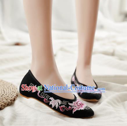 Asian Chinese Classical Dance Embroidered Peony Black Shoes Traditional Hanfu Shoes National Cloth Shoes for Women