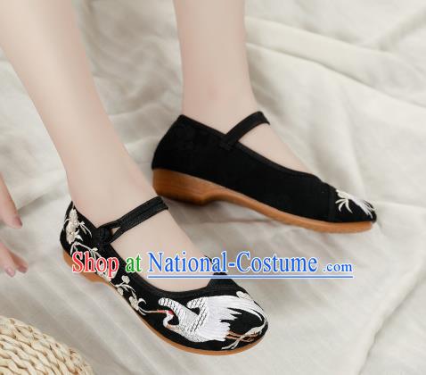 Asian Chinese Classical Dance Embroidered Crane Black Shoes Traditional Hanfu Shoes National Cloth Shoes for Women