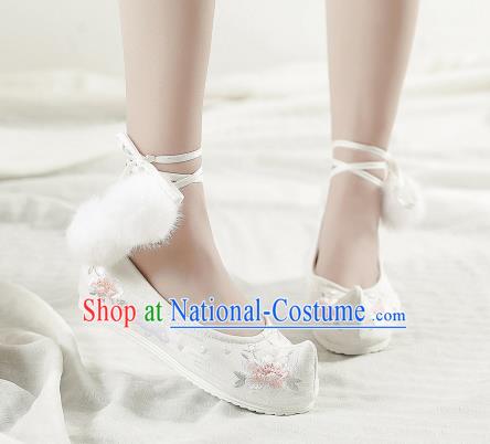 Asian Chinese Classical Dance White Embroidered Shoes Traditional Hanfu Melaleuca End Shoes National Cloth Shoes for Women