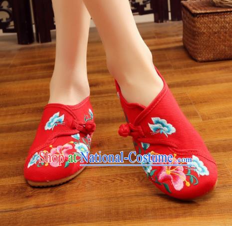 Asian Chinese National Embroidered Petunia Red Shoes Dance Cloth Shoes Traditional Hanfu Shoes for Women