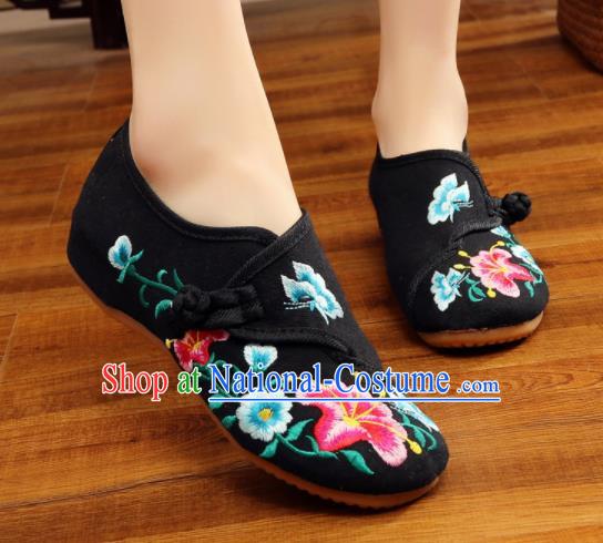 Asian Chinese National Embroidered Petunia Black Shoes Dance Cloth Shoes Traditional Hanfu Shoes for Women