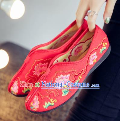 Asian Chinese Traditional Embroidered Peony Red Shoes Hanfu Wedding Shoes National Cloth Shoes for Women