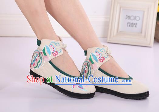 Asian Chinese National Embroidered Butterfly White Cloth Shoes Classical Dance Shoes Traditional Hanfu Shoes for Women