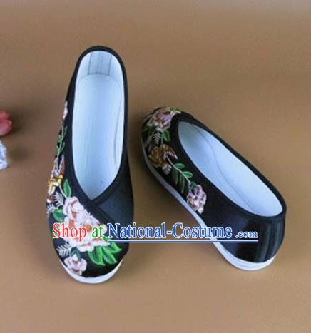 Asian Chinese National Embroidered Peony Black Shoes Ancient Princess Satin Shoes Traditional Hanfu Shoes for Women