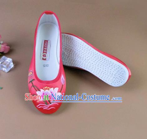 Asian Chinese National Embroidered Lotus Red Shoes Ancient Princess Satin Shoes Traditional Hanfu Shoes for Women