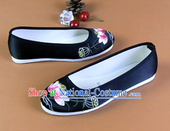 Asian Chinese National Embroidered Lotus Black Shoes Ancient Princess Satin Shoes Traditional Hanfu Shoes for Women