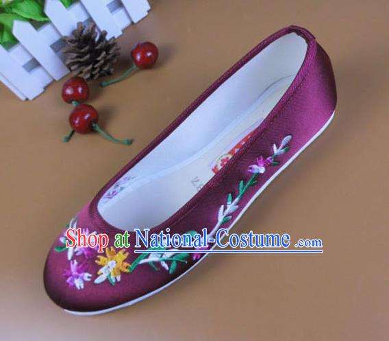 Asian Chinese National Embroidered Daisy Wine Red Shoes Ancient Princess Satin Shoes Traditional Hanfu Shoes for Women