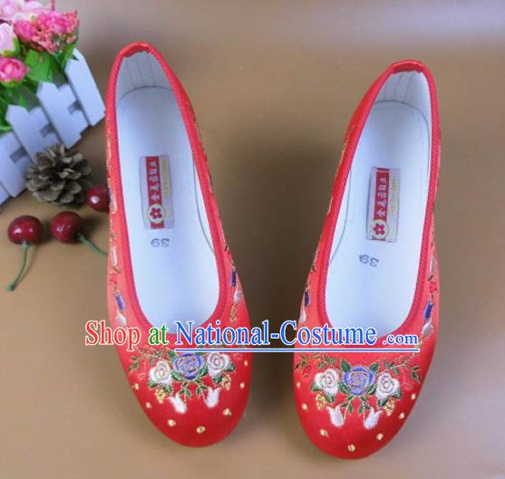 Asian Chinese National Embroidered Flowers Red Shoes Ancient Princess Satin Shoes Traditional Hanfu Shoes for Women