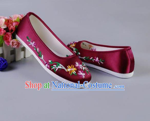 Asian Chinese National Wine Red Satin Shoes Ancient Princess Embroidered Shoes Traditional Hanfu Shoes for Women