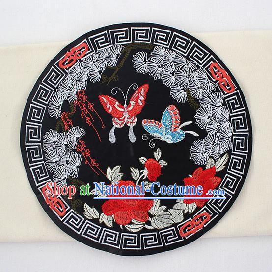 Chinese Ancient Handmade Embroidered Butterfly Peony Black Patch Traditional Embroidery Appliqu Craft for Women