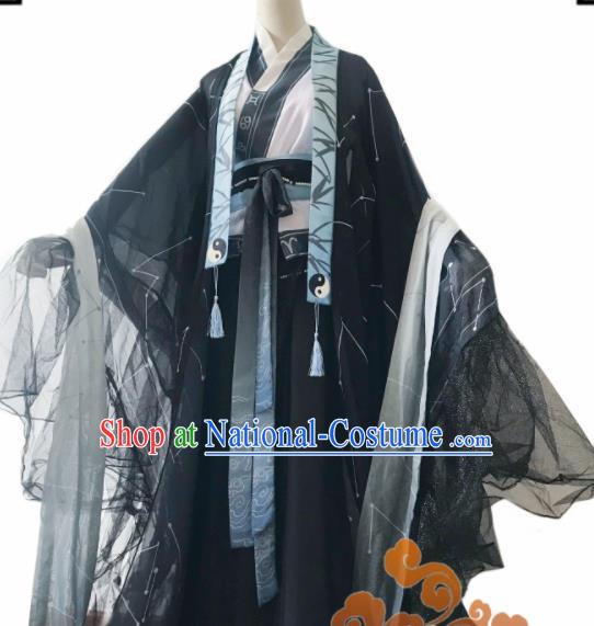 Chinese Ancient Cosplay Taoist Priest Swordsman Black Clothing Custom Traditional Nobility Childe Costume for Men