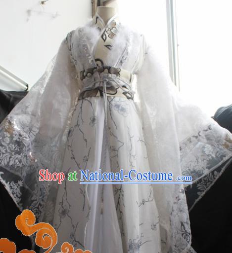 Custom Chinese Ancient Crown Prince Nobility Childe White Clothing Traditional Cosplay Emperor Swordsman Costume for Men