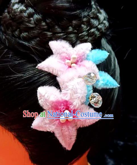 Chinese Ancient Qing Dynasty Court Pink Velvet Peach Flowers Hairpins Traditional Hanfu Handmade Hair Accessories for Women