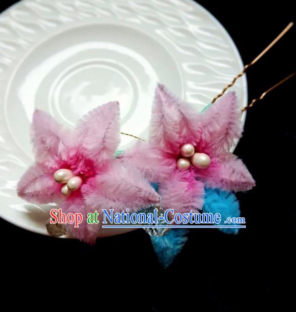 Chinese Ancient Qing Dynasty Court Pink Velvet Peach Flowers Hairpins Traditional Hanfu Handmade Hair Accessories for Women