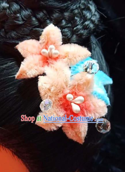 Chinese Ancient Qing Dynasty Court Orange Velvet Peach Flowers Hairpins Traditional Hanfu Handmade Hair Accessories for Women