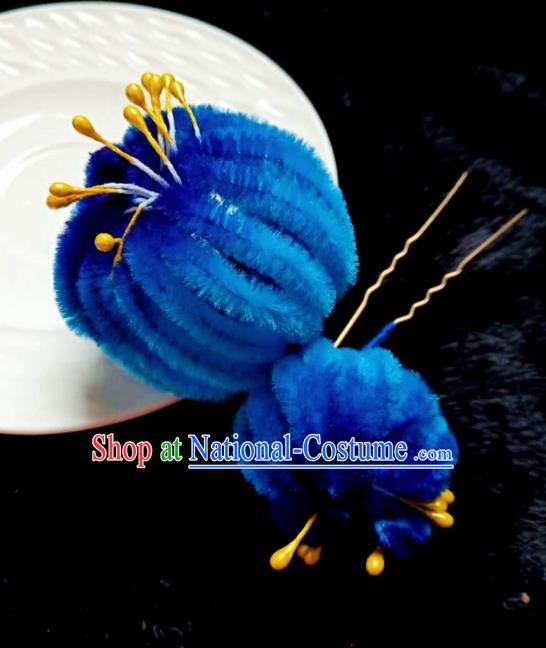 Chinese Ancient Qing Dynasty Court Royalblue Velvet Chrysanthemum Hairpins Traditional Hanfu Handmade Hair Accessories for Women