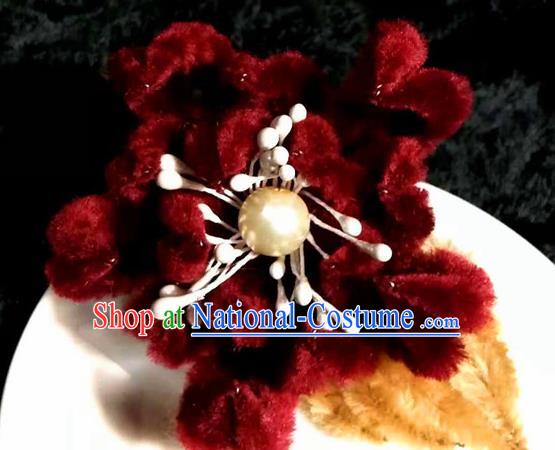 Handmade Chinese Ancient Qing Dynasty Wine Red Velvet Chrysanthemum Hairpins Traditional Court Hanfu Hair Accessories for Women