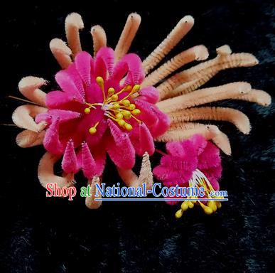 Chinese Ancient Qing Dynasty Rosy Velvet Chrysanthemum Hairpins Traditional Court Hanfu Hair Accessories for Women