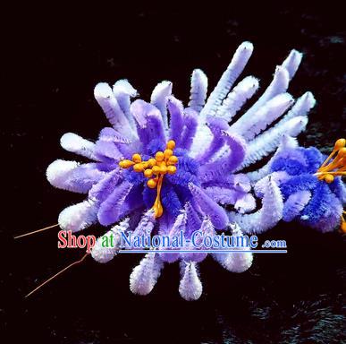 Chinese Ancient Qing Dynasty Lilac Velvet Chrysanthemum Hairpins Traditional Court Hanfu Hair Accessories for Women