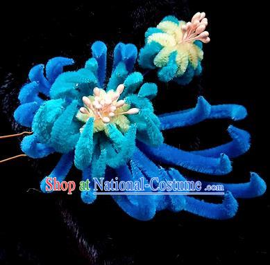 Chinese Handmade Qing Dynasty Royalblue Velvet Chrysanthemum Hairpins Traditional Ancient Court Hanfu Hair Accessories for Women