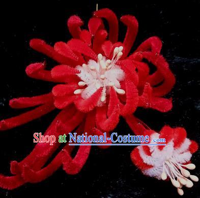 Chinese Handmade Qing Dynasty Red Velvet Chrysanthemum Hairpins Traditional Ancient Court Hanfu Hair Accessories for Women