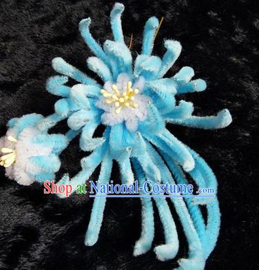 Chinese Handmade Qing Dynasty Court Blue Velvet Chrysanthemum Hairpins Traditional Ancient Hanfu Hair Accessories for Women