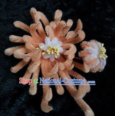 Chinese Handmade Qing Dynasty Court Peachy Beige Velvet Chrysanthemum Hairpins Traditional Ancient Hanfu Hair Accessories for Women