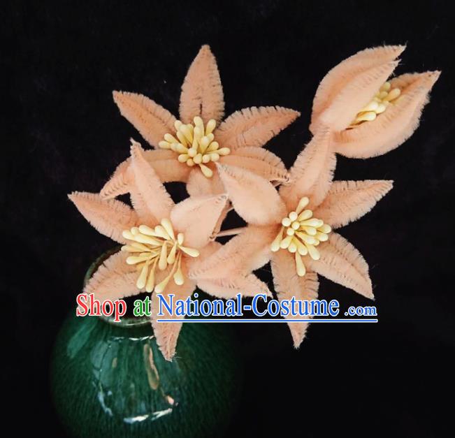 Chinese Handmade Qing Dynasty Court Peachy Velvet Lily Flowers Hairpins Traditional Ancient Hanfu Hair Accessories for Women