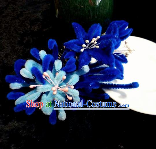 Chinese Handmade Qing Dynasty Court Blue Velvet Chrysanthemum Hairpins Traditional Ancient Hanfu Hair Accessories for Women