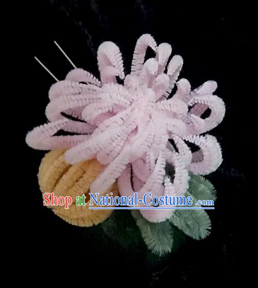 Chinese Ancient Qing Dynasty Court Pink Velvet Chrysanthemum Hairpins Traditional Hanfu Handmade Hair Accessories for Women