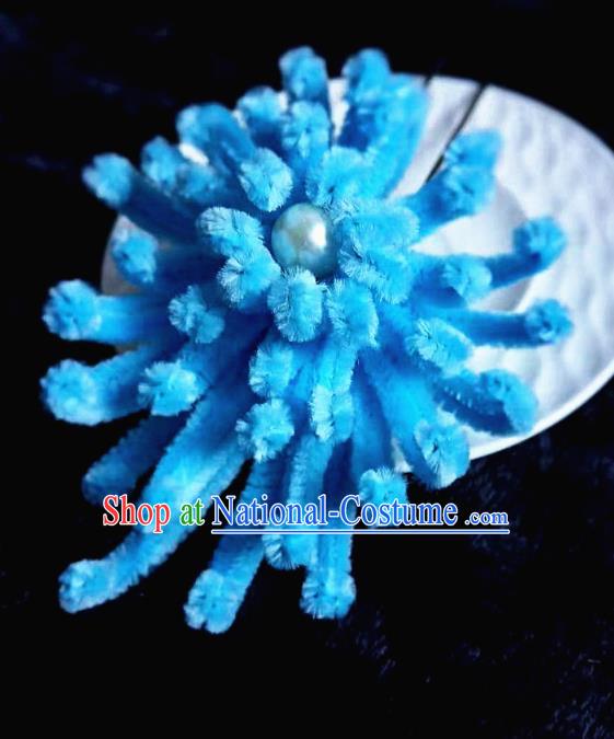 Chinese Ancient Qing Dynasty Court Blue Velvet Chrysanthemum Hairpins Traditional Hanfu Handmade Hair Accessories for Women