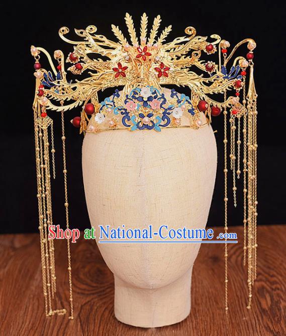 Chinese Ancient Bride Blueing Phoenix Coronet Tassel Hairpins Traditional Hanfu Wedding Hair Accessories for Women