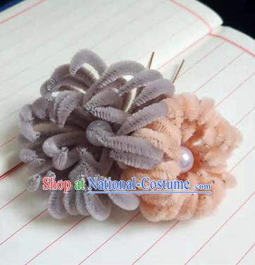 Chinese Ancient Court Grey and Orange Velvet Chrysanthemum Hairpins Traditional Hanfu Handmade Hair Accessories for Women