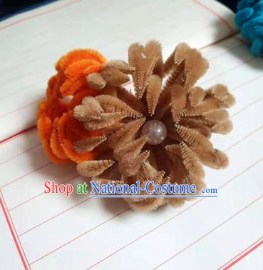 Chinese Ancient Court Brown and Orange Velvet Chrysanthemum Hairpins Traditional Hanfu Handmade Hair Accessories for Women