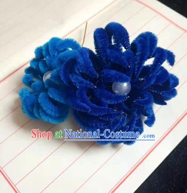 Chinese Ancient Court Royalblue Velvet Chrysanthemum Hairpins Traditional Hanfu Handmade Hair Accessories for Women