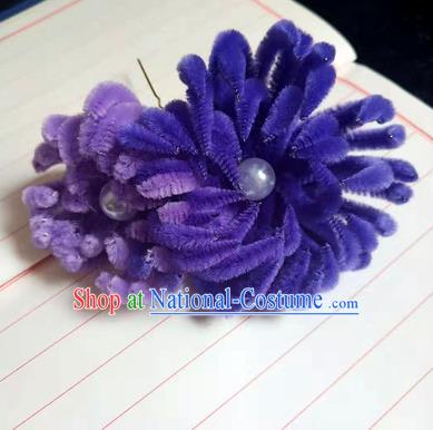 Chinese Ancient Court Purple Velvet Chrysanthemum Hairpins Traditional Hanfu Handmade Hair Accessories for Women