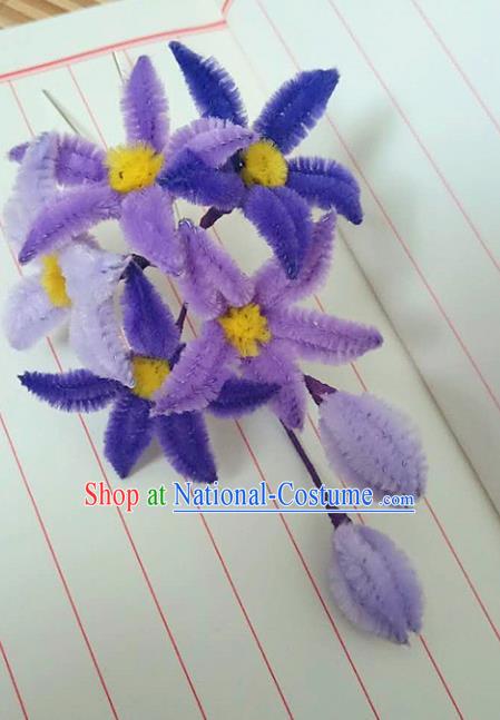 Chinese Ancient Court Purple Velvet Lily Flowers Hairpins Traditional Hanfu Handmade Hair Accessories for Women