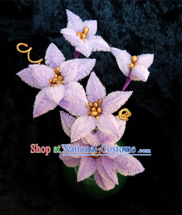 Chinese Ancient Court Purple Velvet Lily Flowers Hairpins Traditional Hanfu Handmade Hair Accessories for Women