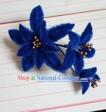 Chinese Ancient Court Royalblue Velvet Lily Flowers Hairpins Traditional Hanfu Handmade Hair Accessories for Women