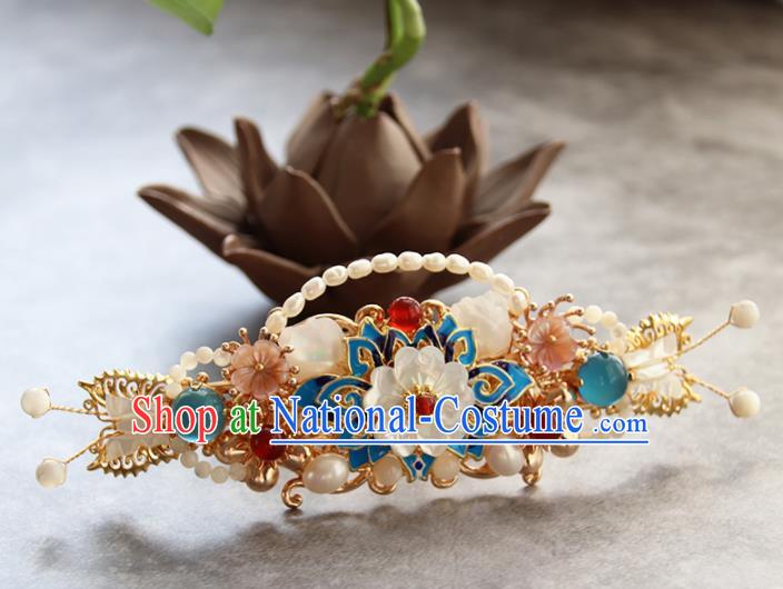 Chinese Ancient Princess Blueing Lotus Pearls Hairpins Traditional Handmade Hanfu Hair Accessories for Women